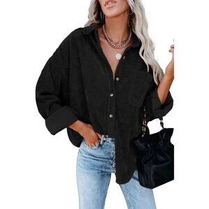 Women Black Collared V Neck Button Down Oversized Long Sleeve Shirt Top